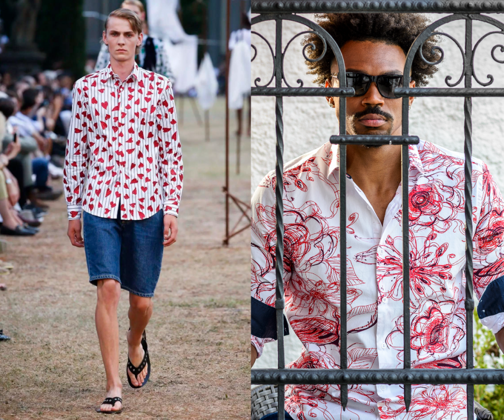 Camisas com fundo branco e estampa vermelha. Apesar da peça da JW Anderson ousar com os corações, o floral da Humberto Pascuini também sai fora do comum. A grande dica é apostar na calça jeans para deixar o destaque na parte superior. 